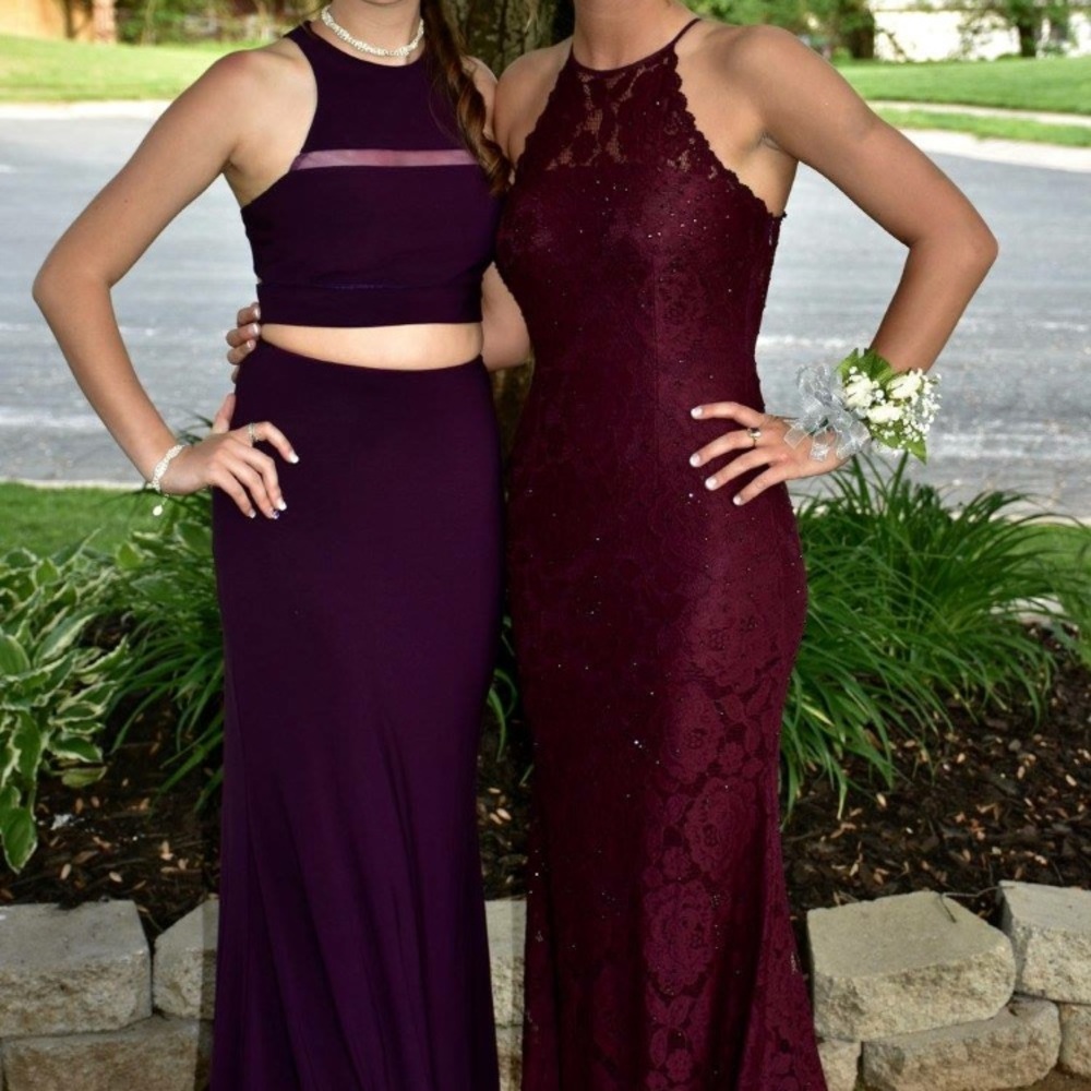 Two piece plum prom dress